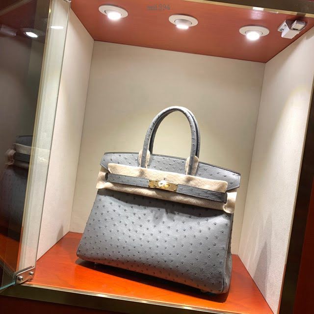 Hermes女包 愛馬仕Birkin30cm Hermes鉑金包 Ostrich鴕鳥皮 全手縫蠟線 19 Mousse慕斯灰  am1894