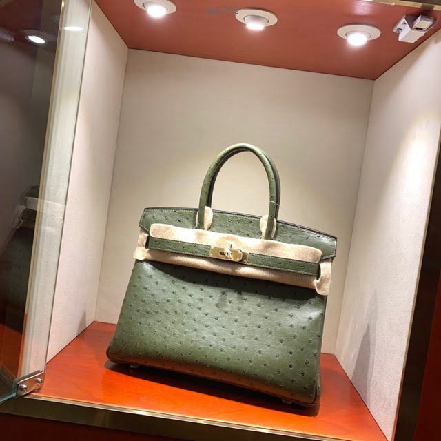 Hermes女包 愛馬仕Birkin30cm Hermes鉑金包 Ostrich鴕鳥皮 全手縫蠟線 67 Vert Fonce深綠色  am1898