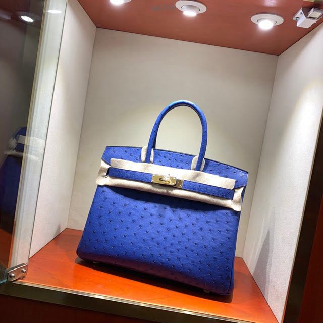 Hermes女包 愛馬仕Birkin30cm Hermes鉑金包 Ostrich鴕鳥皮 全手縫蠟線 7T Blue Htdra電光藍銀扣  am1899