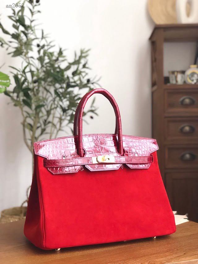 Hermes女包 愛馬仕經典款brikin包 手工蠟線縫製 鱷魚皮拼麂皮 金扣 Hermes拼色手提女包  am2052