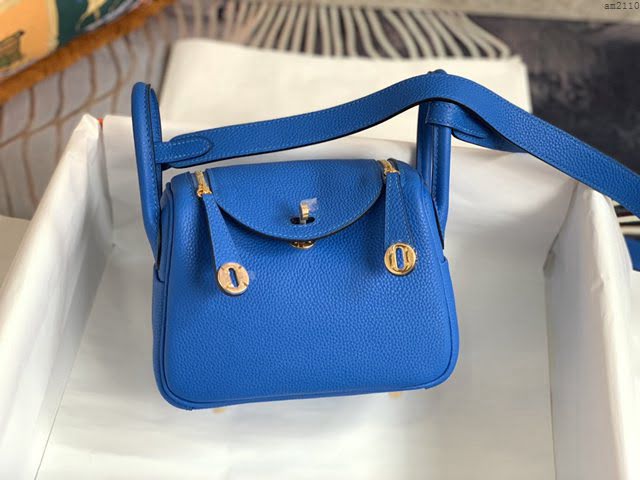 愛馬仕mini Lindy Hermesn琳迪女包 可斜背手拎 蜜蠟線縫製 水妖藍  am2110