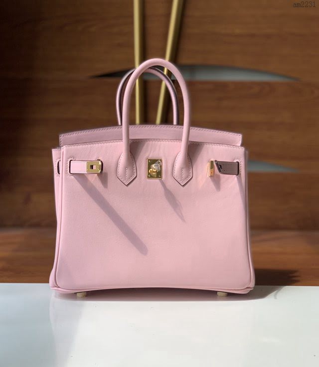 Hermesn鉑金女包 愛馬仕Birkin手提包 swift皮 手工縫製 淺粉金扣  am2231