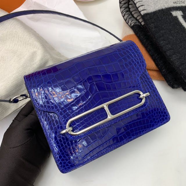 Hermesn豬鼻子包 愛馬仕roulis Alligator crocodile 美洲鱷魚 亮光 7T電光藍 銀扣  am2254