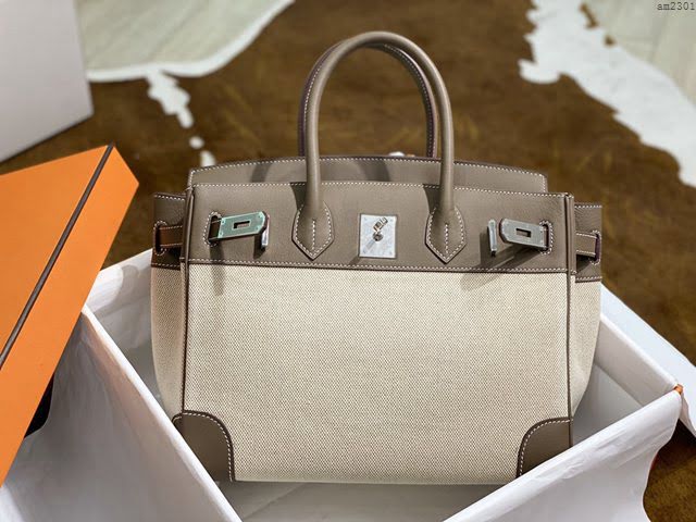 Hermesn鉑金女包 愛馬仕Birkin手提包 Swift皮 拼接原版帆布 中古款 全手工縫製  am2301