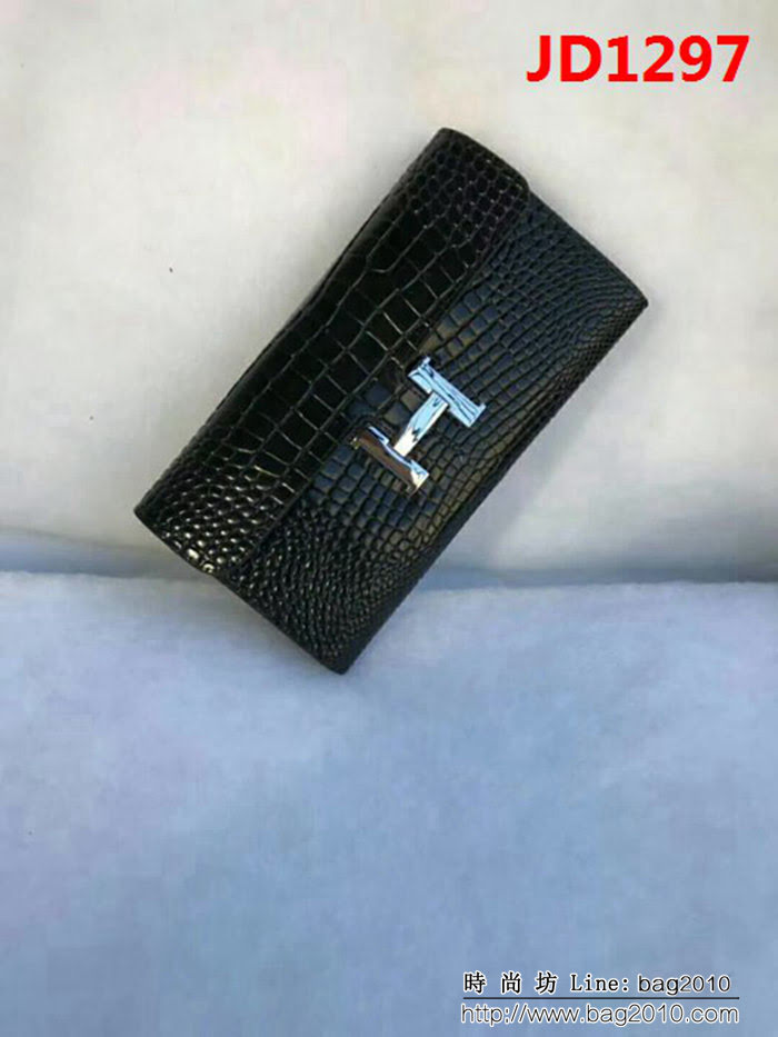 HERMES愛馬仕 H扣 鱷魚皮配羊皮 長款女士錢包 JD1297