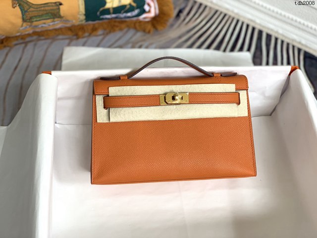 Hermes手提女包 愛馬仕kelly pochette一代 epsom皮 經典橙金扣  tdh2008
