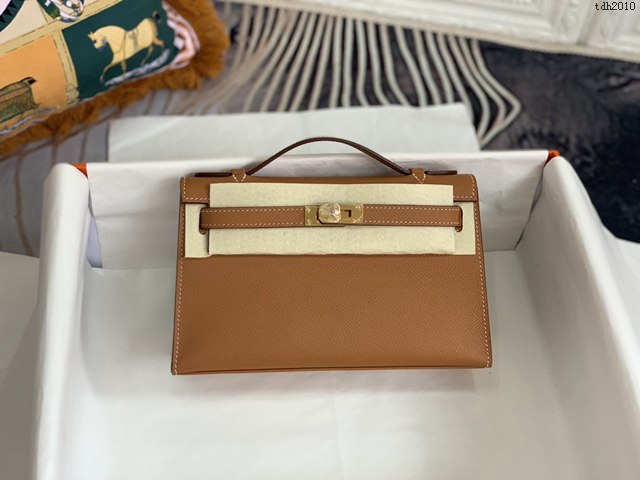 Hermes手提女包 愛馬仕kelly pochette一代 epsom皮 金棕色金扣  tdh2010