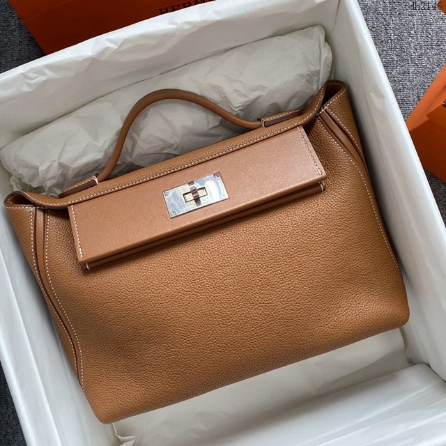 Hermes女包 愛馬仕kelly2424 金棕 銀扣 Hermes休閒手提女包  tdh2146