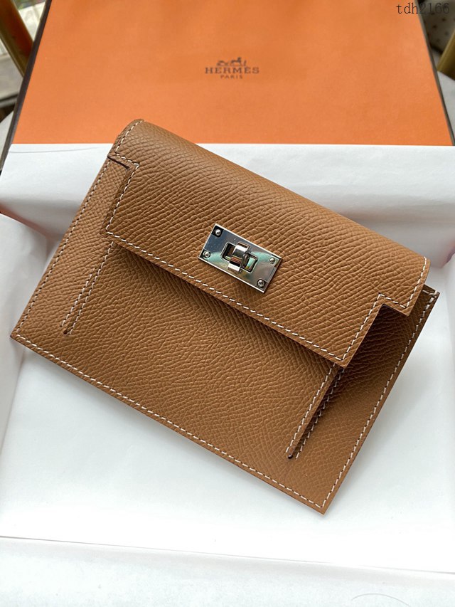 Hermes卡包 愛馬仕原版Kelly Pocket Epsom皮 Hermes新款小錢包 金棕銀扣  tdh2166