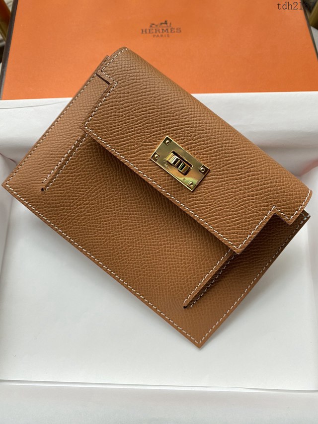 Hermes卡包 愛馬仕原版Kelly Pocket Epsom皮 Hermes新款小錢包 金棕金扣  tdh2167