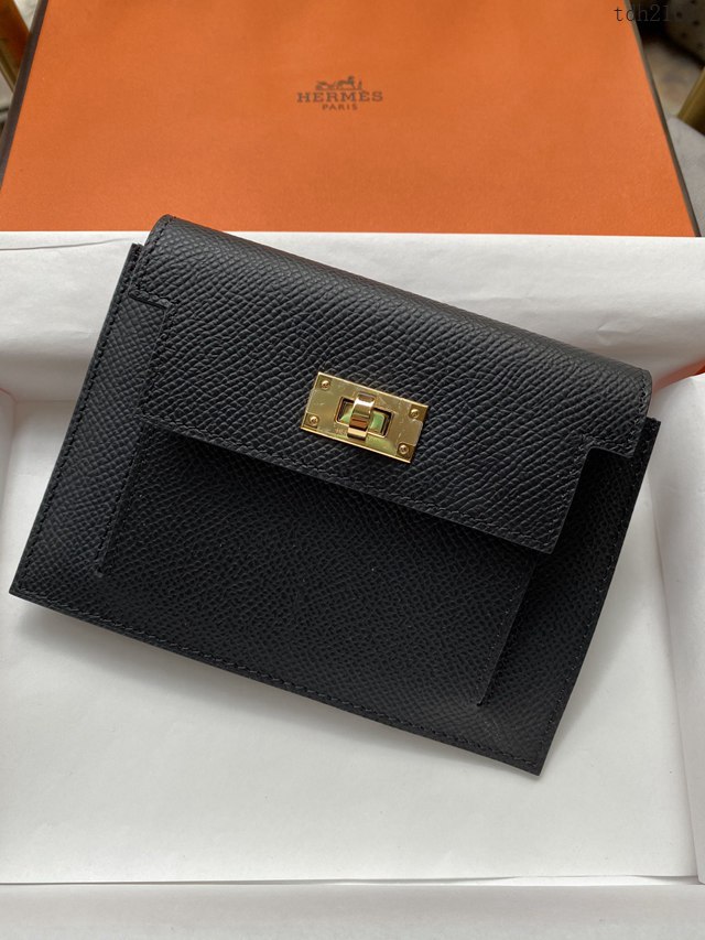 Hermes卡包 愛馬仕原版Kelly Pocket Epsom皮 Hermes新款小錢包 黑金  tdh2168