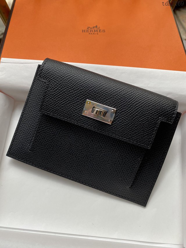 Hermes卡包 愛馬仕原版Kelly Pocket Epsom皮 Hermes新款小錢包 黑銀  tdh2169