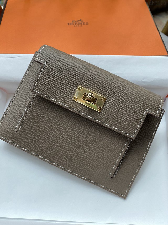 Hermes卡包 愛馬仕原版Kelly Pocket Epsom皮 Hermes新款小錢包 大象灰金扣  tdh2170