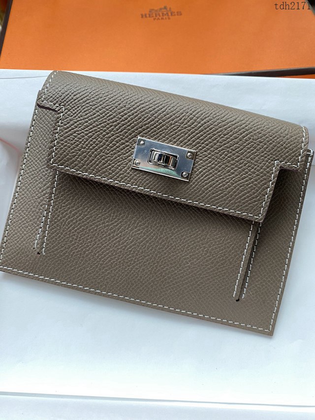 Hermes卡包 愛馬仕原版Kelly Pocket Epsom皮 Hermes新款小錢包 大象灰銀扣  tdh2171