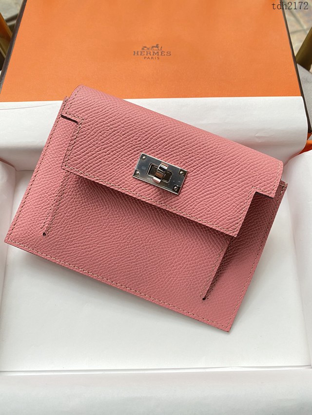 Hermes卡包 愛馬仕原版Kelly Pocket Epsom皮 Hermes新款小錢包 3Q粉銀扣  tdh2172