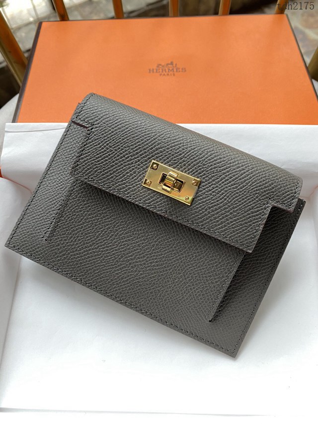 Hermes卡包 愛馬仕原版Kelly Pocket Epsom皮 Hermes新款小錢包 錫器灰金扣  tdh2175