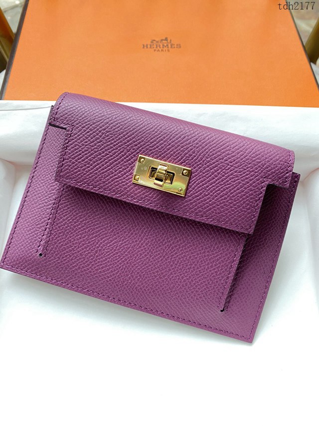 Hermes卡包 愛馬仕原版Kelly Pocket Epsom皮 Hermes新款小錢包 海葵紫金扣  tdh2177