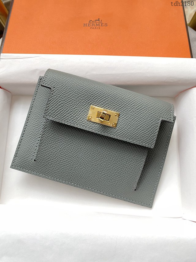 Hermes卡包 愛馬仕原版Kelly Pocket Epsom皮 Hermes新款小錢包 杏仁綠金扣  tdh2180