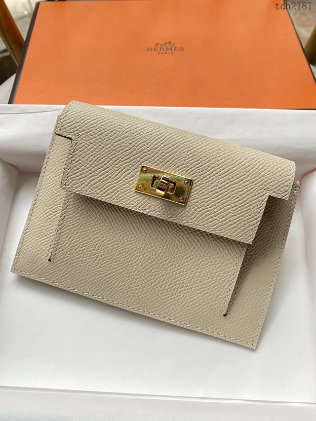 Hermes卡包 愛馬仕原版Kelly Pocket Epsom皮 Hermes新款小錢包 奶昔白金扣  tdh2181