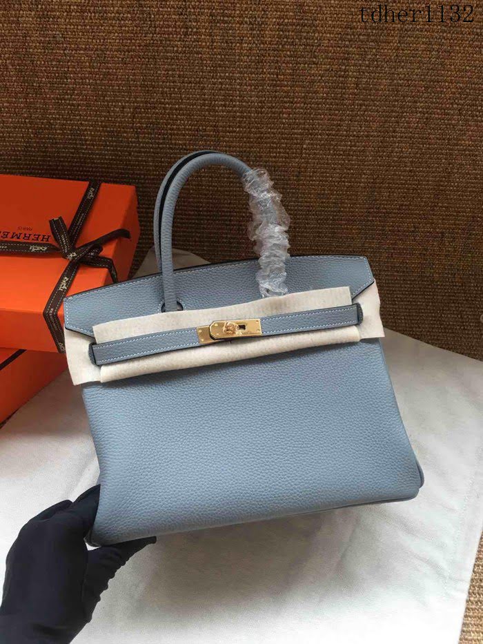 愛馬仕HERMES Birkin 鉑金包 亞麻藍 進口小牛皮 金銀扣 皮質細膩柔軟 時尚女手提包  tdher1132