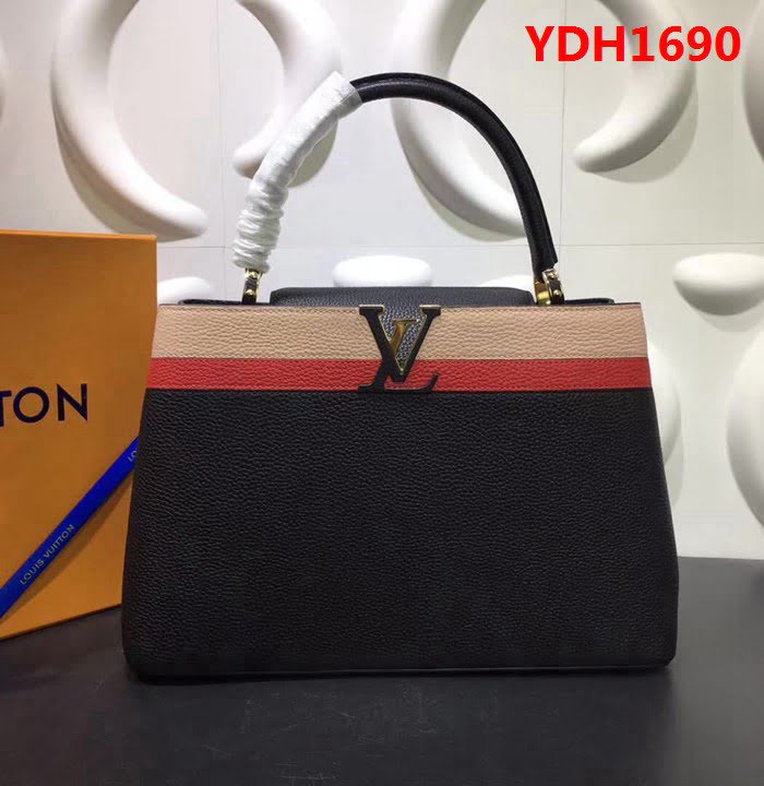 路易威登LV頂級原單 M48869黑色/條紋 經典Capucines中號牛皮手提斜挎包 YDH1690