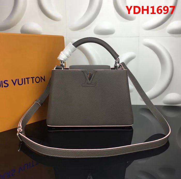 路易威登LV頂級原單M94517鐵灰粉邊經典Capucines中號牛皮手提斜挎包 YDH1697