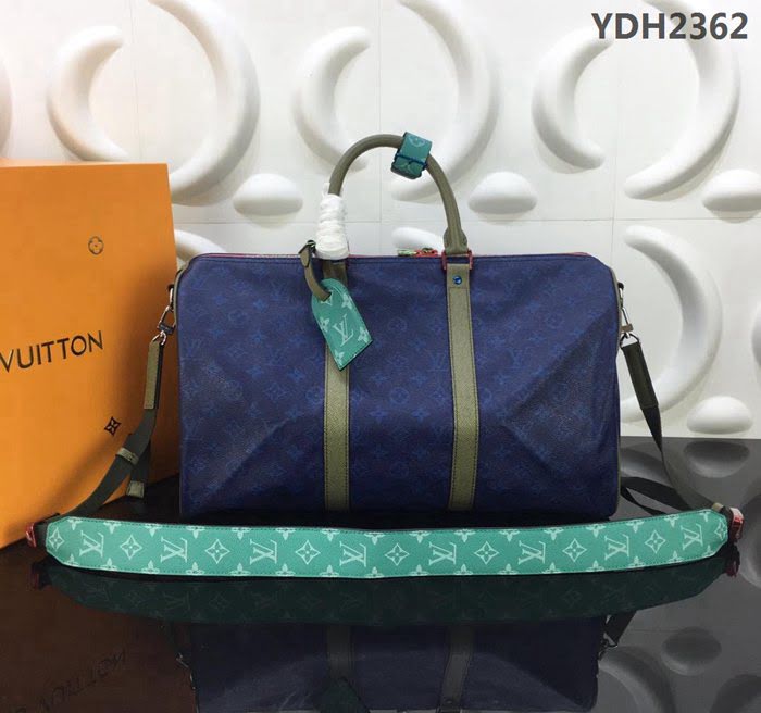 路易威登LV 頂級原單 2018春夏時裝展新品 M43855 KEEPALL45B旅行袋 海藍色Monogram帆布搭配Taiga皮革 可手提肩背包  YDH2362