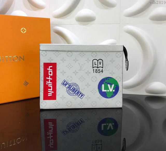 LV手包 M61692 白花地球絲印 頂級原單 全新中號手袋 路易威登男手拿包  ydh2819