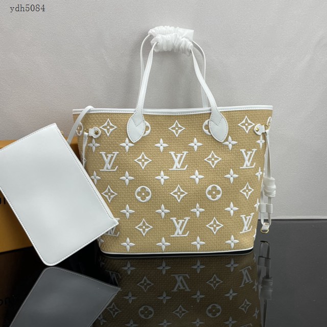 Lv路易威登2023專櫃新款Neverfull中號手袋 LV拉菲草棉布手提肩背包 M22838 M22839 ydh5084