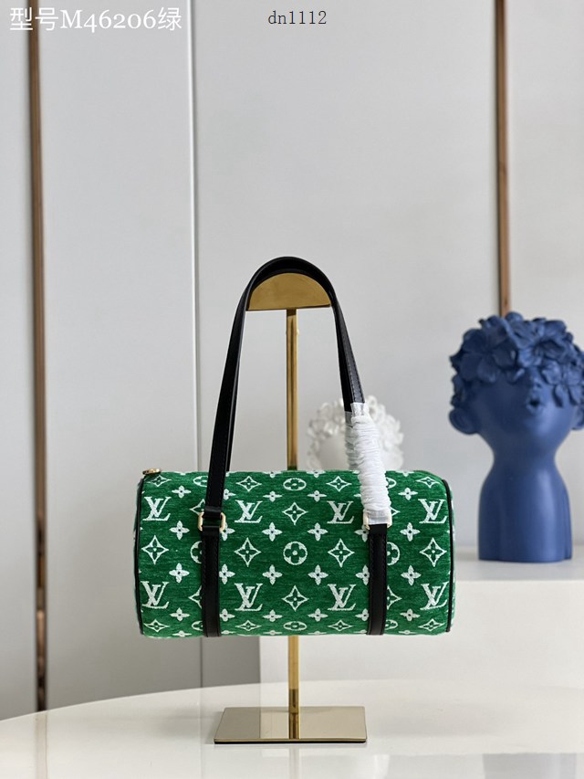 LV專櫃2023新款Nicolas Ghesquière手袋 M46206綠 路易威登Monogram提花絨布圓筒包 dn1112