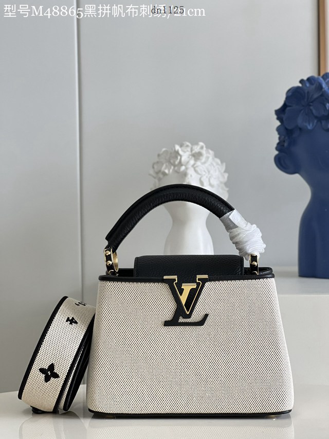 LV專櫃2023新款Capucines迷你手袋 M48865黑拼帆布刺繡 路易威登Capucines搭蓋手提肩背女包 dn1125