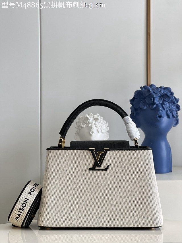 LV專櫃2023新款Capucines MM手袋 M48865黑拼帆布刺繡 路易威登Capucines搭蓋手提肩背女包 dn1127
