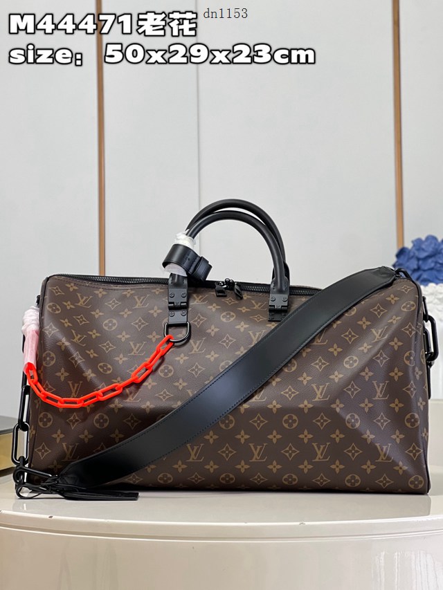 LV專櫃2023新款KEEPALL 50旅行袋 M44471老花 路易威登Monogram花紋搭配啞光橘色鏈帶旅行包 dn1153
