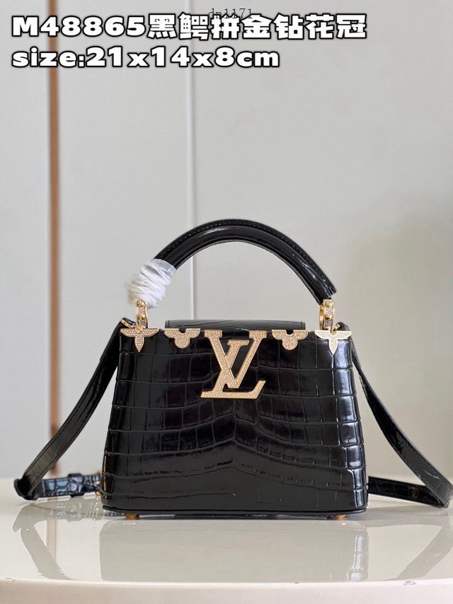 LV專櫃2023新款鱷魚紋手提肩背女包 M48865黑鱷拼金鑽花冠 路易威登Capucines迷你手袋 dn1171