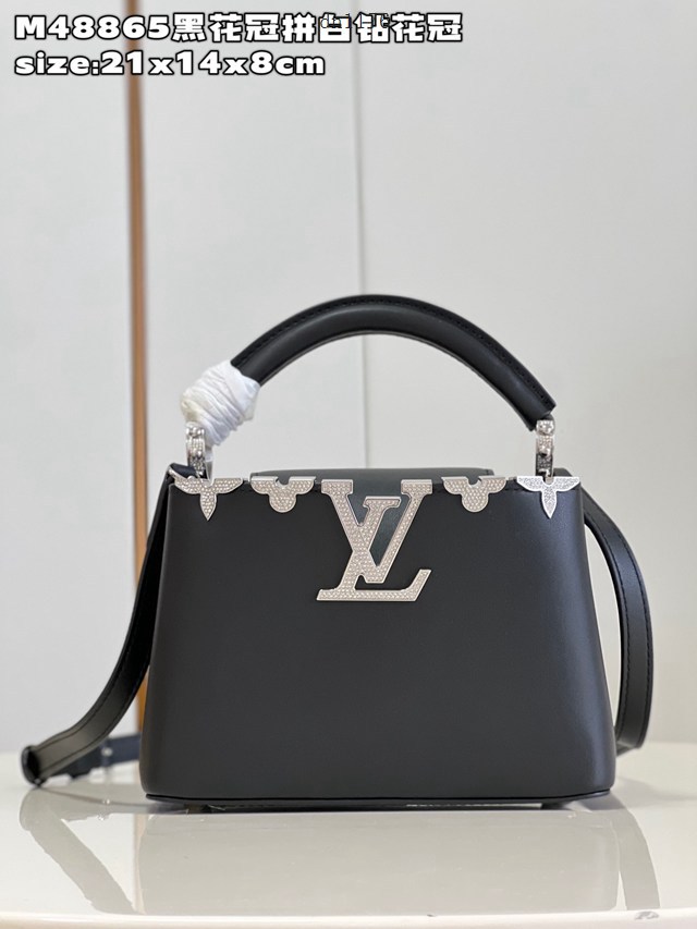 LV專櫃2023新款鱷魚紋手提肩背女包 M48865黑花冠拼白鑽花冠 路易威登Capucines迷你手袋 dn1176