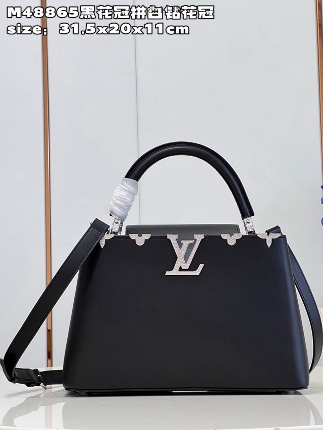 LV專櫃2023新款鱷魚紋手提肩背女包 M48865黑花冠拼白鑽花冠 路易威登中號Capucines MM手袋 dn1178