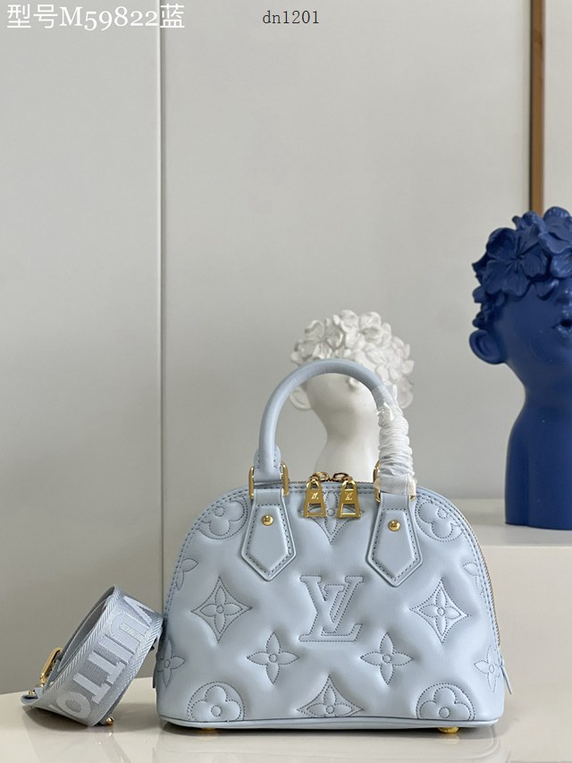 LV專櫃2023新款絎縫牛皮革刺繡Monogram圖案手提女包 M59822藍 路易威登Alma BB手袋貝殼包 dn1201