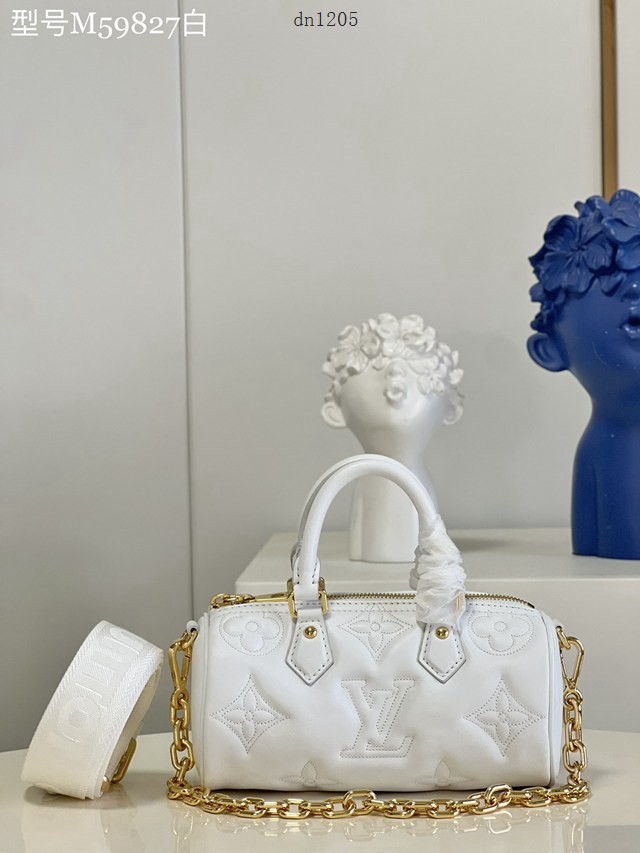 LV專櫃2023新款Papillon BB手袋 M59827白 路易威登牛皮壓花Monogram圖案手提肩背枕頭包 dn1205