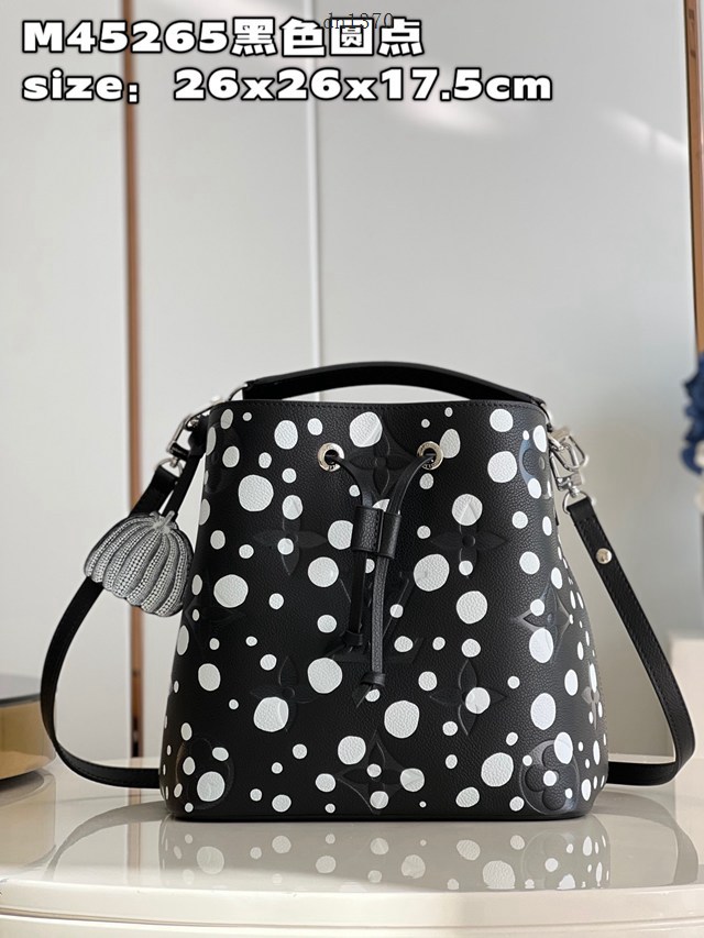 LV專櫃2023新款NéoNoé中號手袋 M45265黑色圓點 路易威登合作系列波點抽繩水桶包 dn1370