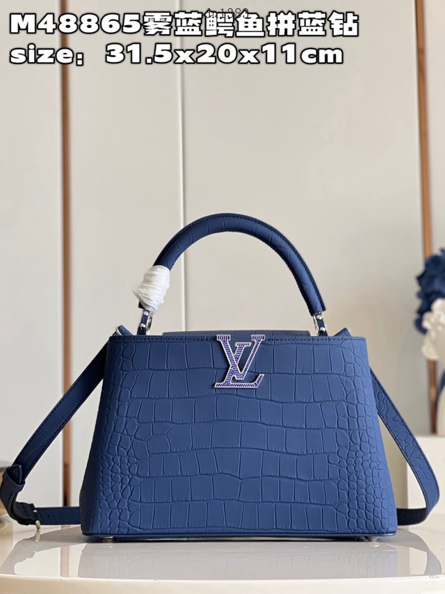 LV專櫃2023新款Capucines MM手袋 M48865霧藍鱷魚拼藍鑽 路易威登手提肩背女包 dn1383