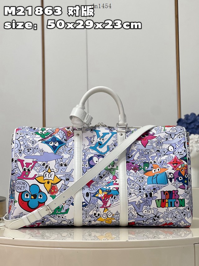 LV專櫃2023新款Keepall Bandoulière 50旅行袋 M21863對版 路易威登描繪 Monogram 圖案卡通形象旅行包 dn1454