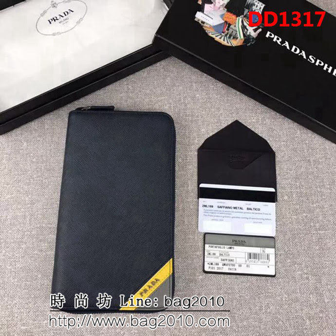 PRADA普拉達 專櫃最新款式 頂級原單十字紋牛皮 男士大號單拉鏈錢包 2ML188 DD1317