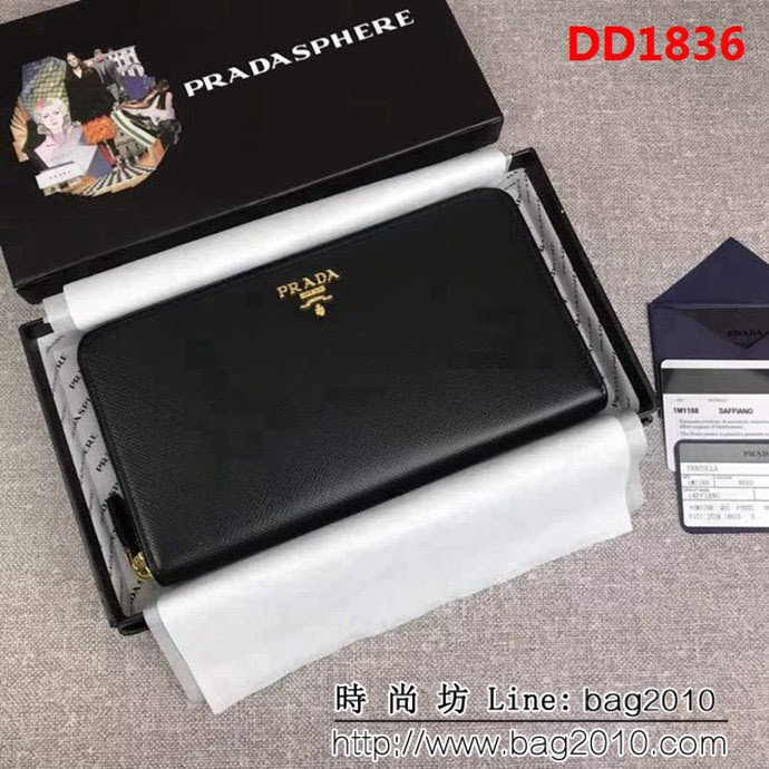 PRADA普拉達 經典款 十字紋牛皮 大號單拉鏈錢包 1M1188 DD1836