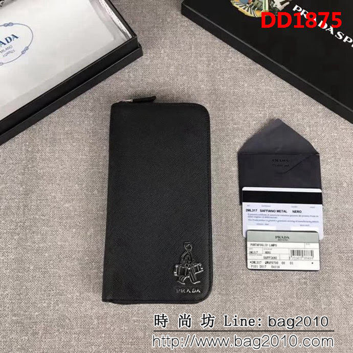 PRADA普拉達 官網同步 爆款 十字紋牛皮 男士單拉鏈錢包 2ML317 DD1875