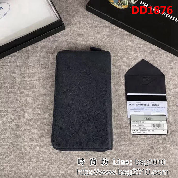 PRADA普拉達 專櫃最新爆款 十字紋牛皮 男士大號單拉鏈錢包 2ML188 DD1876