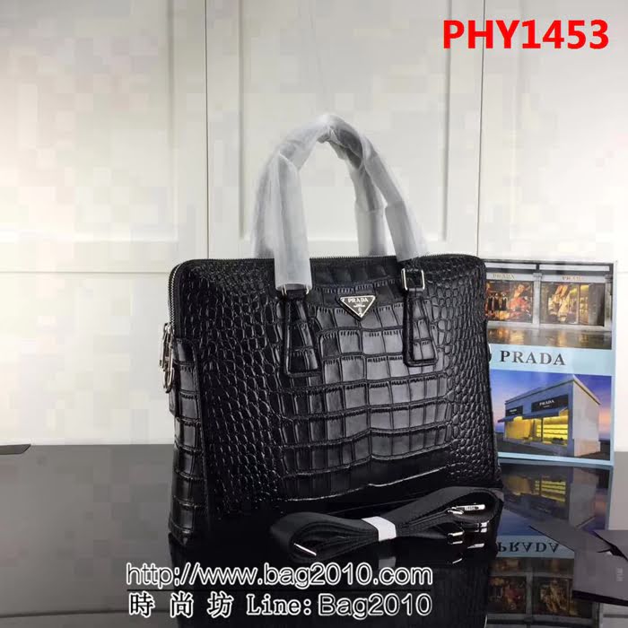 普拉達PRADA原單 81189-1黑色原單鱷魚紋 爆款男士商務手提包 PHY1453