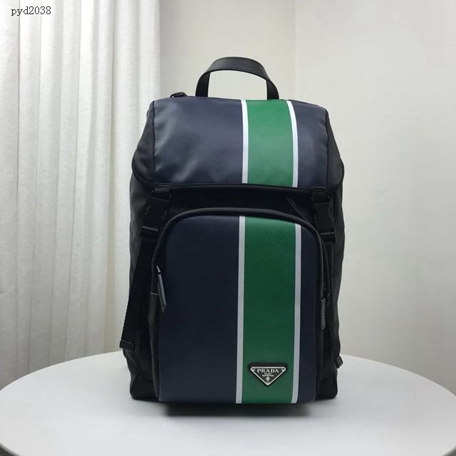 prada男包 普拉達專櫃2020爆款 2VZ135 Prada新款雙肩包 Prada男士後背包 黑+深藍+綠  pyd2038