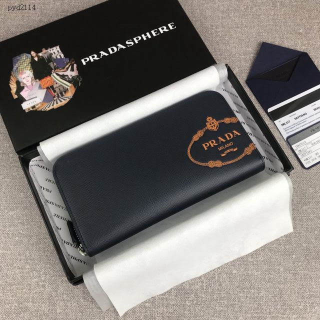 prada錢包 普拉達專櫃最新十字紋牛皮長錢夾 2ML317 PRADA男士單拉鏈錢包  pyd2114