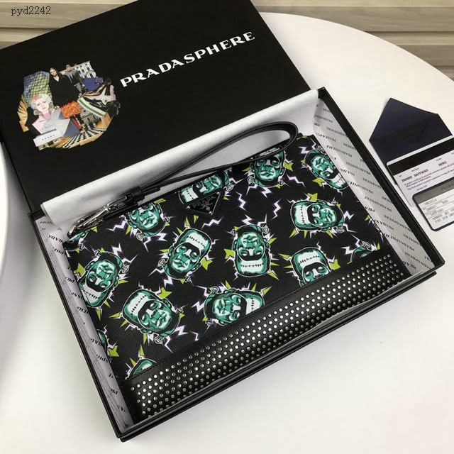 prada手包 普拉達新款皮革手拿包 2NH005 PRADA十字紋牛皮黑色手拿包  pyd2242