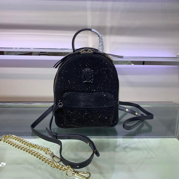 VERSACE女包 燙鑽系列 超模迷你款 磨砂牛皮燙鑽款 女士雙肩背囊 範思哲雙肩包 可斜挎手拎 4442  bfd1020